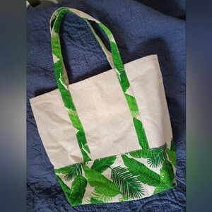 DEI Organic Cotton Canvas Tropical Green Leaf Print /Cream Tote Bag, New